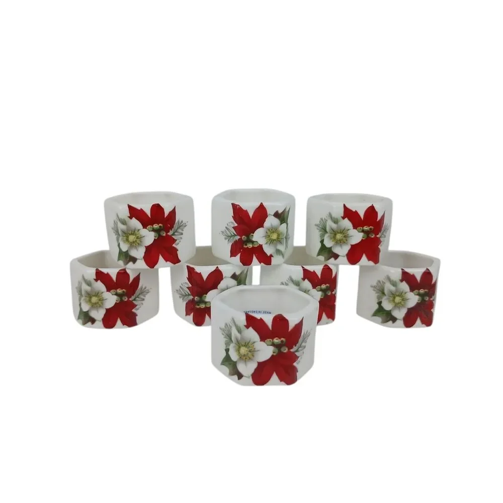 Sandford Fine Bone China Set of 8 Poinsettia Napkin Rings England EUC Christmas